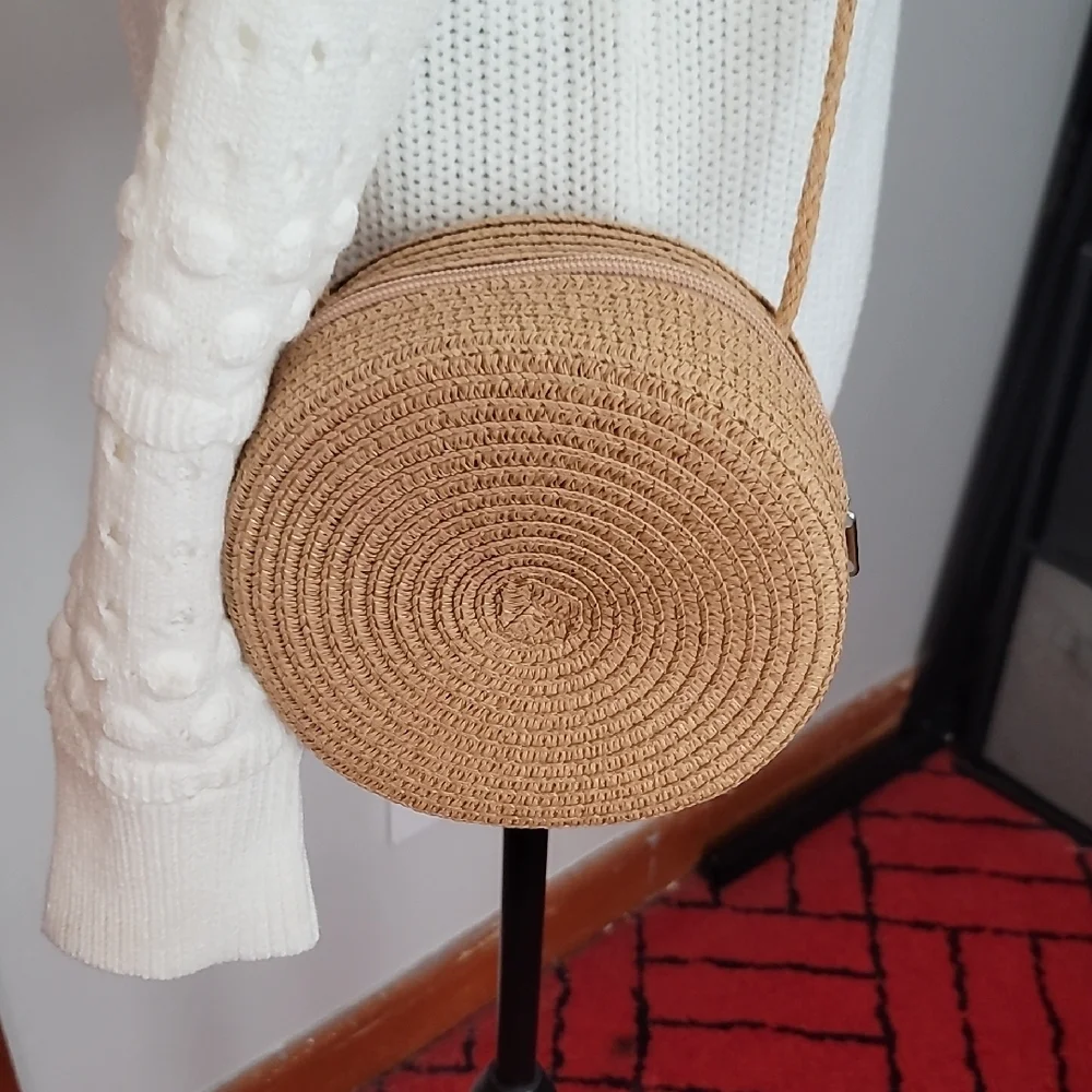 Elegant Khaki Rattan Round Crossbody Bag